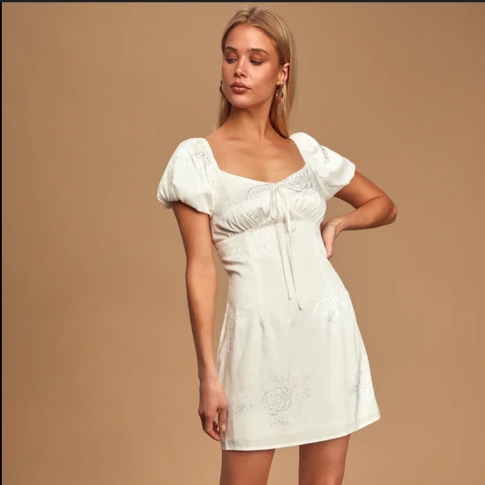 Lulu’s Petal in All White Floral Jacquard Satin Puff Sleeve Dress